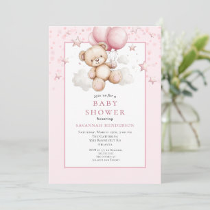 Sweet Teddy Bear Baby Shower with Pink Balloons Invitation