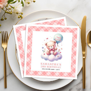 Sweet teddy bear balloon blush floral birthday napkin