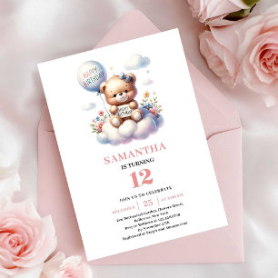 Sweet teddy bear balloon theme girl birthday invitation