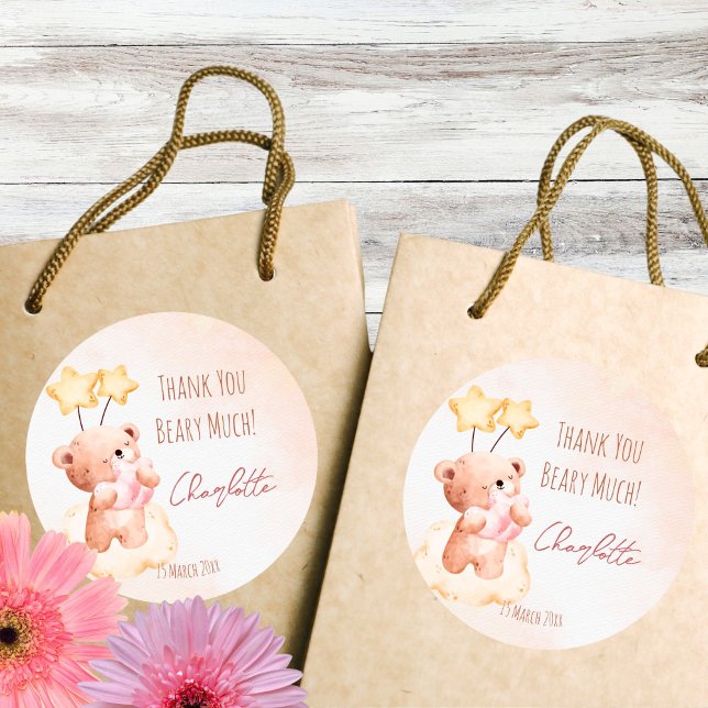 Sweet teddy bear birthday party personalised  classic round sticker (Teddy bear birthday party personalized thank you favor sticker cute teddy bear favor stickers)