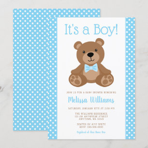 Sweet Teddy Bear Blue Polka Dot Baby Shower Invitation