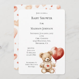 Sweet Teddy Bear Heart Balloon Baby Shower Invitation