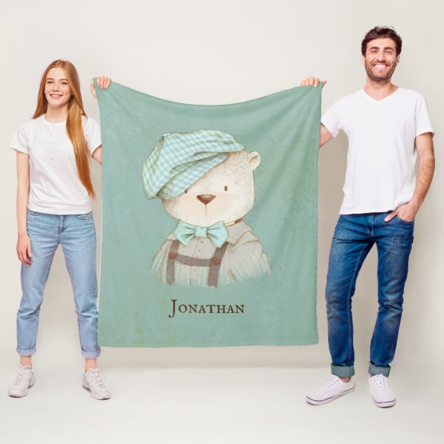 Sweet Teddy Bear Name Personalised Fleece Blanket (In Situ)