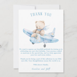 Sweet teddy bear on a aeroplane thank you card