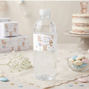 Sweet Teddy Bear Pastel Balloons Heart Star Moon Water Bottle Label