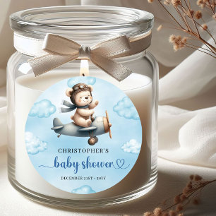 Sweet Teddy Bear Pilot Blue Brown Boy Baby Shower  Classic Round Sticker