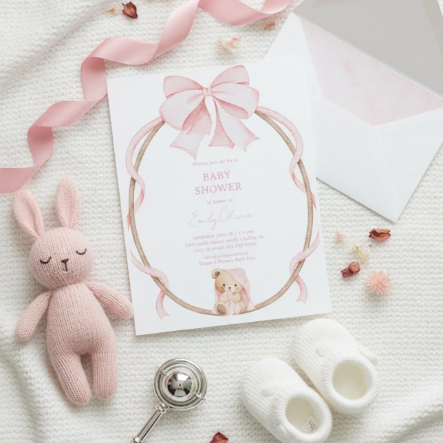 Sweet Teddy Bear & Pink Bow Baby Girl Shower  Invitation (Creator Uploaded)