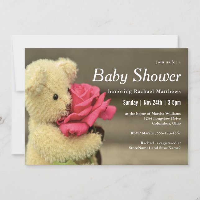 Sweet Teddy Bear With Rose Baby Shower Invitation (Front)