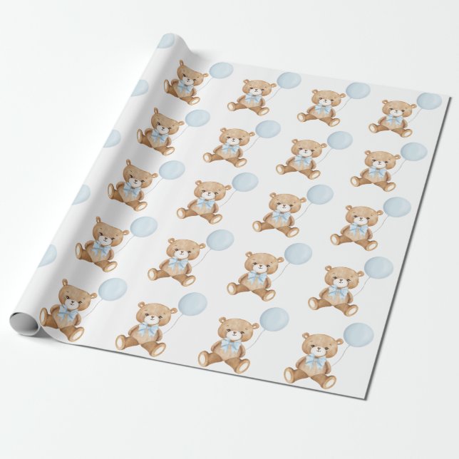 Sweet Teddy Bear with Soft Pastel Blue Balloon Wrapping Paper (Unrolled)