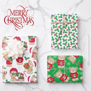 Sweet Teddy Bears 3 Coordinating Christmas Wrapping Paper Sheet