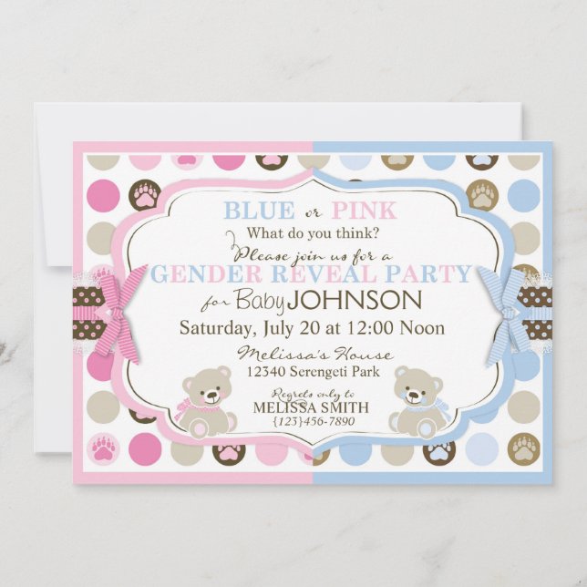 Sweet Teddy Bears and Paw Dot Print Gender Reveal Invitation (Back)