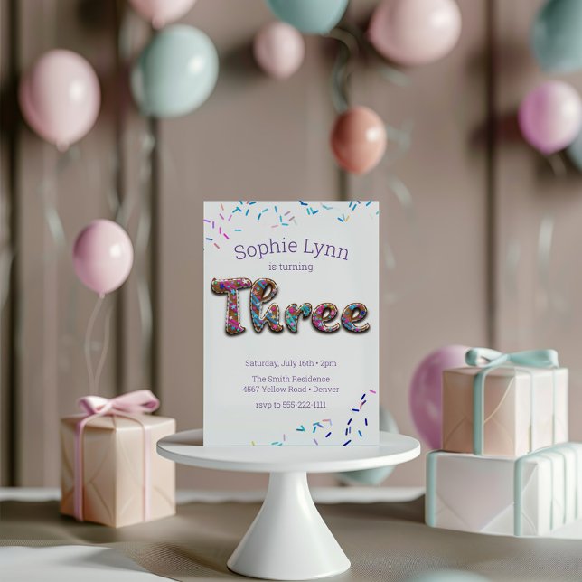 Sweet "Three" Cookie Sprinkles Kids' 3rd Birthday Invitation (Creator Uploaded)