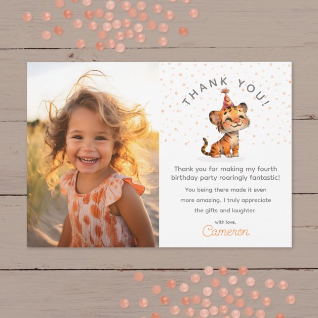 Sweet tiger kid’s birthday celebration photo thank you card (Creator Uploaded)