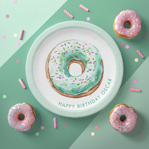 Sweet Time Pastel Green Doughnut Birthday Paper Plate