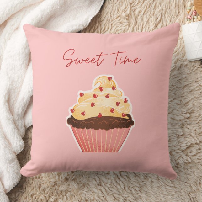 Sweet Time Valentine Cupcake Pink Throw Pillow (Blanket)