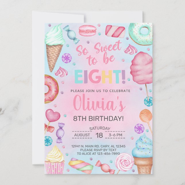 Sweet to be EIGHT candy girl 8th birthday invite. Invitation (Front)