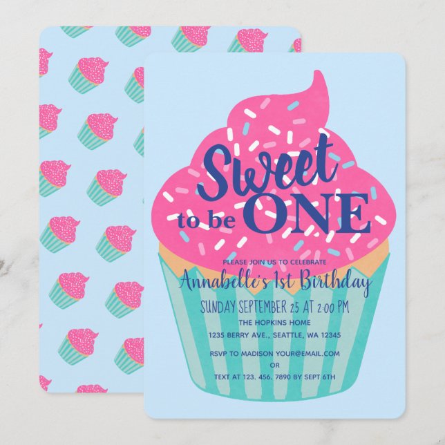 Sweet to be One Cupcake Kids First Birthday Invitation (Front/Back)