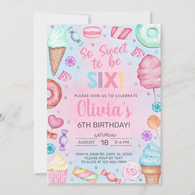 Sweet to be six candy girl 6th birthday invite. invitation (Front)