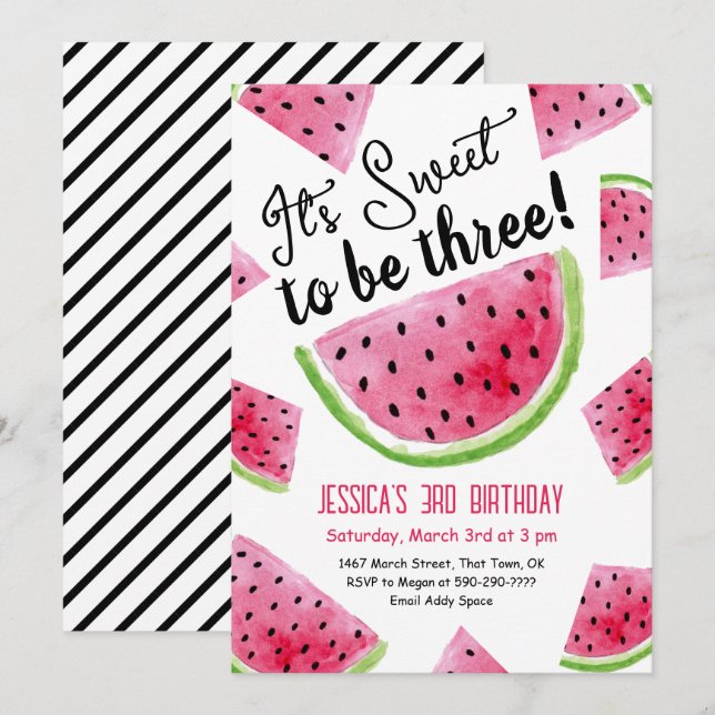  Sweet to Be Three Melon Birthday Party Invitation (Front/Back)