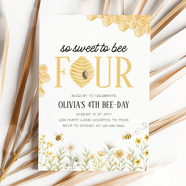 Sweet to Bee Four Bee 4th Birthday Invitation (Creator Uploaded)