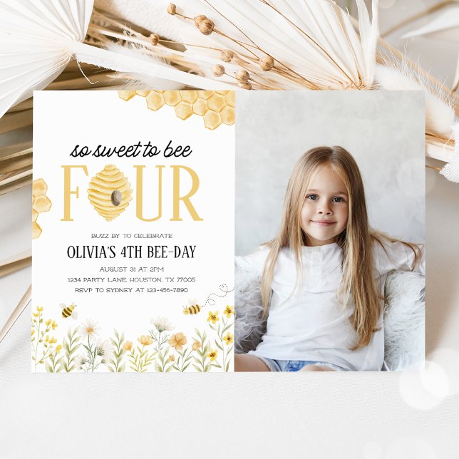 Sweet to Bee Four Bee 4th Birthday Photo Invitation (Creator Uploaded)
