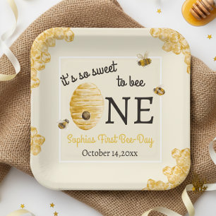 Sweet To Bee One First Birthday Watercolor Bees Paper Plate