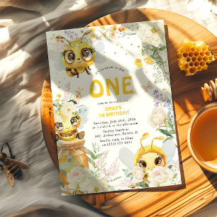 Sweet to Bee ONE Floral Bee 1st Birthday Invitation