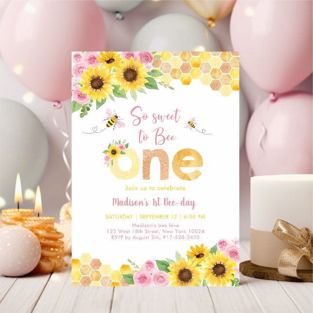 Sweet to Bee One Pink Floral Sunflower Birthday Invitation (Creator Uploaded)