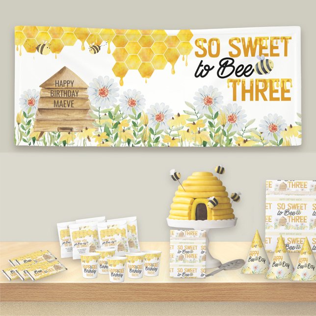 Sweet to Bee Three Bee Themed 3rd Birthday Party Banner (Set the bee theme with a birthday banner .. So Sweet to Bee Three for your little ones 3rd birthday.)