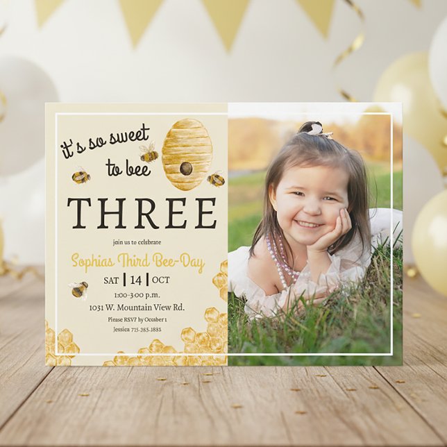 Sweet to Bee Three Honeycomb 3rd Birthday Photo Invitation (Creator Uploaded)