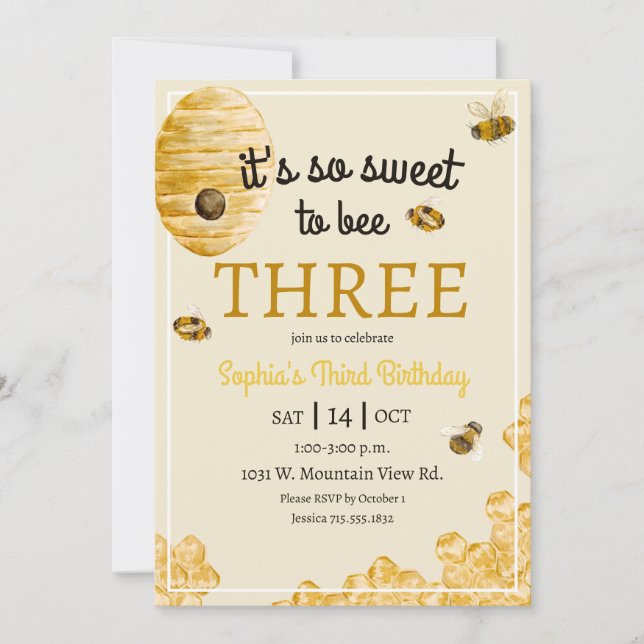 Sweet to Bee Three Honeycomb Bees Third Birthday Invitation (Front)
