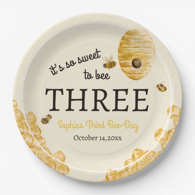 Sweet To Bee Three Third Birthday Bees Honeycomb Paper Plate (Front)