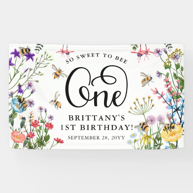 'Sweet to Bee' Wildflower & BumbleBee 1st Birthday Banner (Horizontal)