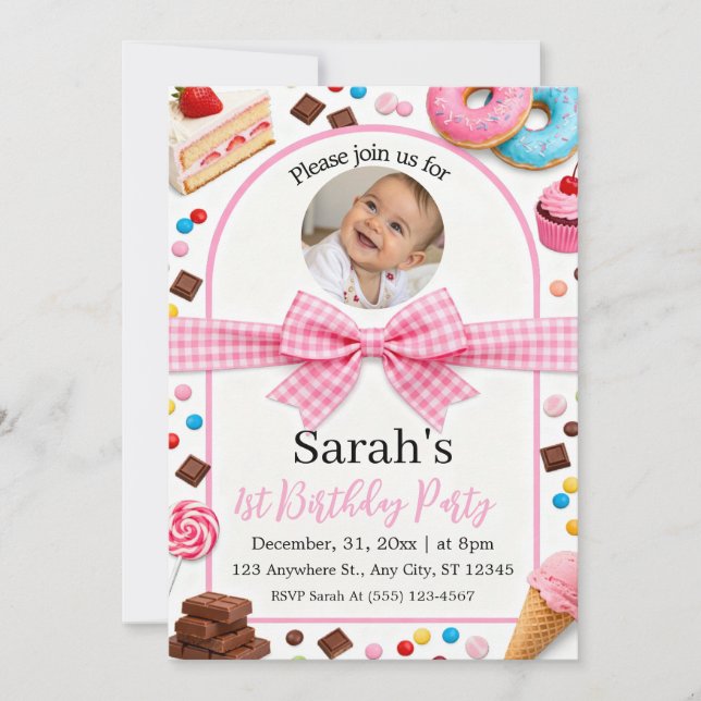 Sweet Treats Photo 1st Birthday Party Invitation (Front)