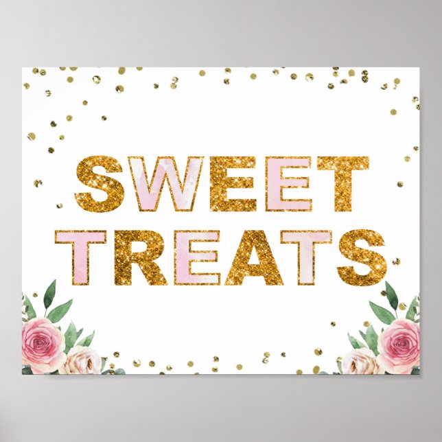 Sweet Treats Pink Gold Floral Birthday Party Sign (Front)