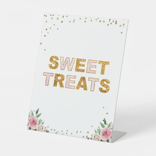 Sweet Treats Pink Gold Floral Birthday Table Sign (Front)