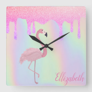 Sweet Trendy Holographic, Pink Flamingo Square Wall Clock