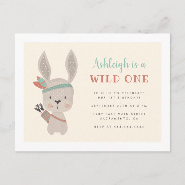 Sweet Tribal Bunny Wild One 1st Birthday Invitation Postcard (Front)