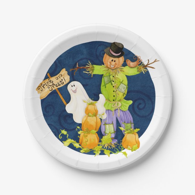 Sweet Trick or Treat Halloween Party Pumpkin Ghost Paper Plate (Front)