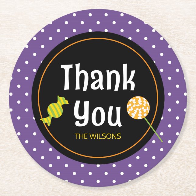 Sweet Trick or Treat Halloween Thank You Round Paper Coaster (Front)