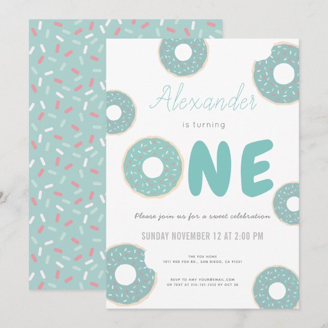 Sweet Turquoise Blue Doughnut Boy 1st Birthday Invitation (Front/Back)