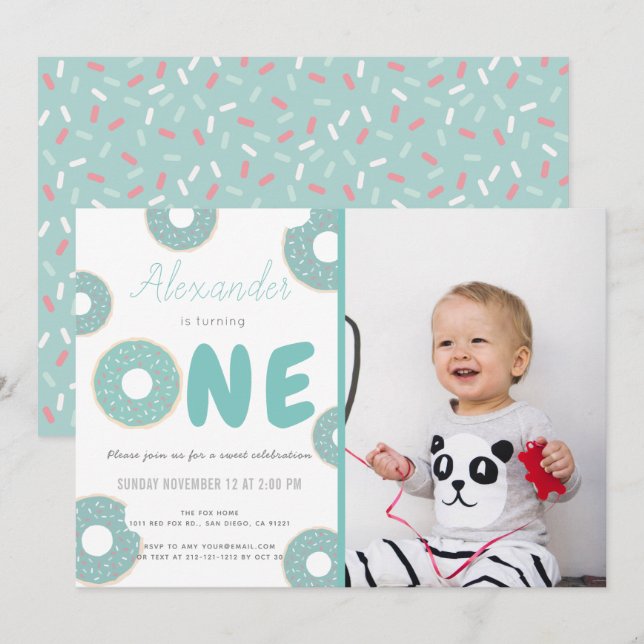 Sweet Turquoise Blue Doughnut Boy Photo 1st Birthd Invitation (Front/Back)