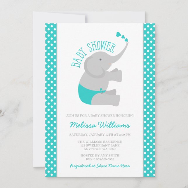 Sweet Turquoise Grey Elephant Baby Shower Invitation (Front)