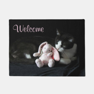 Sweet Tuxedo Cat and Pink Bunny Welcome Doormat