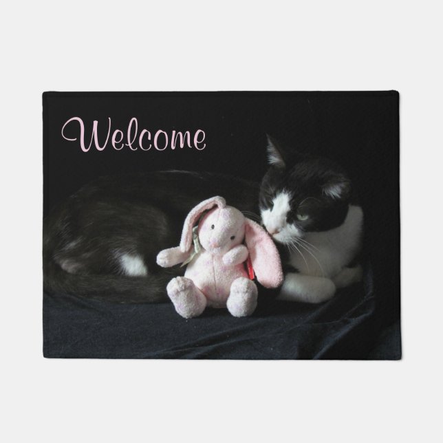 Sweet Tuxedo Cat and Pink Bunny Welcome Doormat (Front)