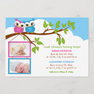 Sweet Twins Owl Girl Boy Photo Birth Announcement