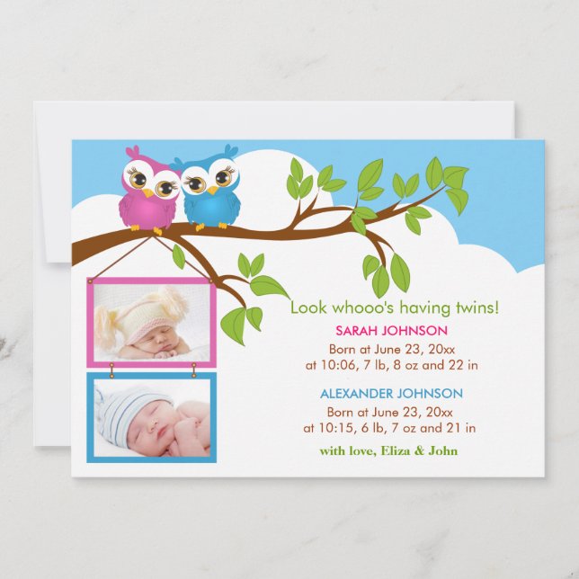 Sweet Twins Owl Girl Boy Photo Birth Announcement (Front)