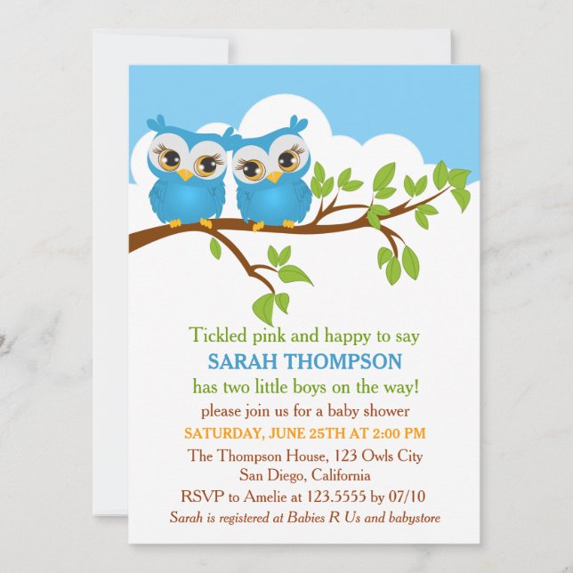 Sweet Twins Owls Boy Baby Shower Invitation (Front)