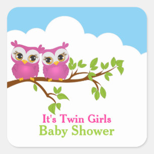 Sweet Twins Owls Girl Baby Shower Sticker