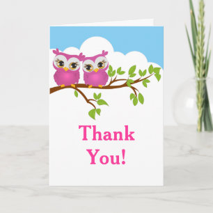 Sweet Twins Owls Girl Baby Thank You Card